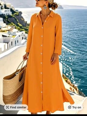 Button-Front Orange Maxi Shirt Dress
